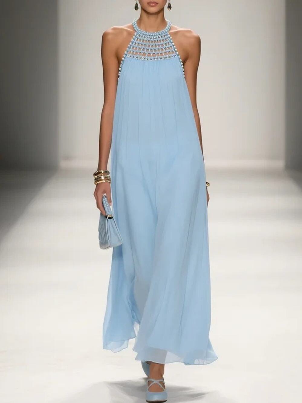 Fehaute Pearl Chiffon Maxi Dress Braided Neckline Halter Light Blue Womens Sz 6